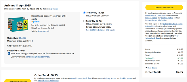 Screenshot showing Heinz Baked Beanz 415 g (Pack of 6) 2 Packs for £6.95 at Amazon