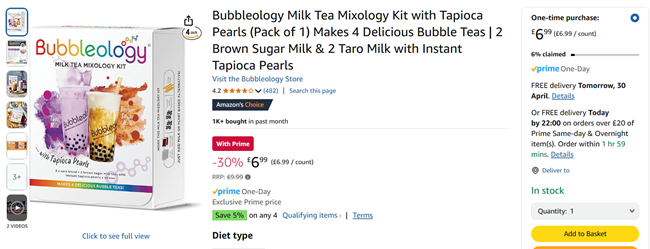 Screenshot showing Bubbleology Milk Tea Mixology Kit for £6.99 at Amazon / Aimia Foods