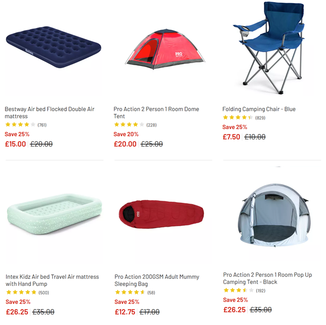 Screenshot showing camping offers at Argos