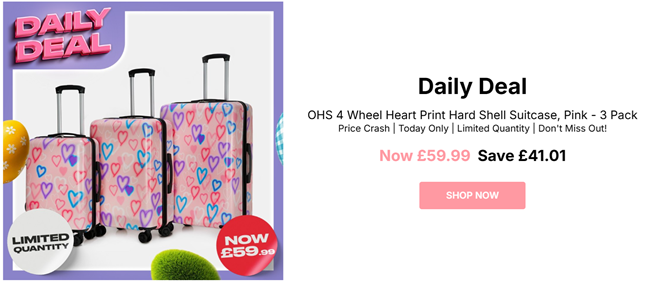 Screenshot showing 4 Wheel Heart Print Hard Shell Suitcase Pink 3 Pack for £59.99 at Online Home Shop