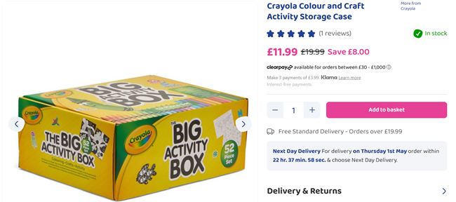 Screenshot showing Crayola Colour and Craft Activity Storage Case for £11.99 at Bargain Max