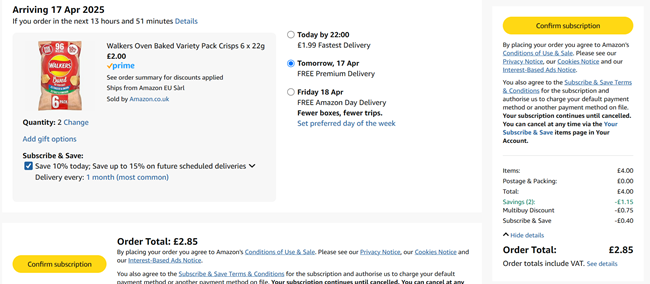 Screenshot showing 2 for £2.85 on Walkers Crisps 6 Pack at Amazon