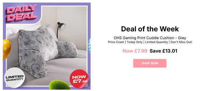 Screenshot showing OHS Gaming Print Cuddle Cushion Grey for £7.99 at Online Home Shop