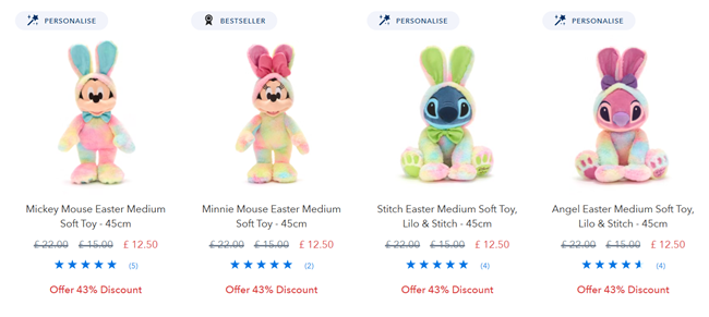 Screenshot showing Disney Easter 2025 Soft Toys for £12.50 each at Disney Store
