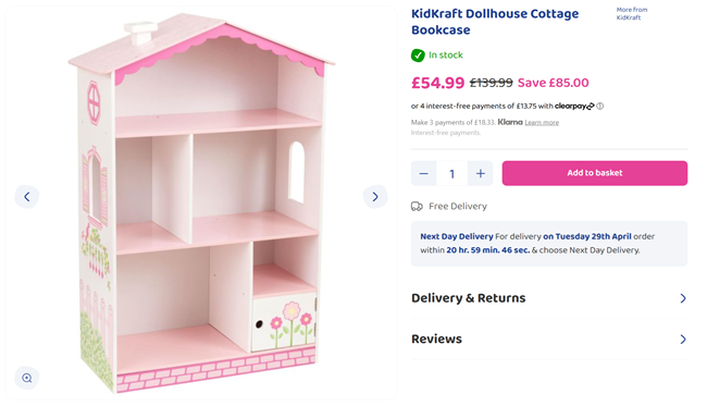 Screenshot showing KidKraft Dollhouse Cottage Bookcase for £54.99 at Bargain Max