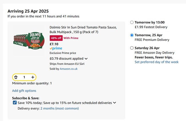 Screenshot showing Dolmio Stir In Pasta Sauce 150 g (Pack of 7) for £7.10 at Amazon
