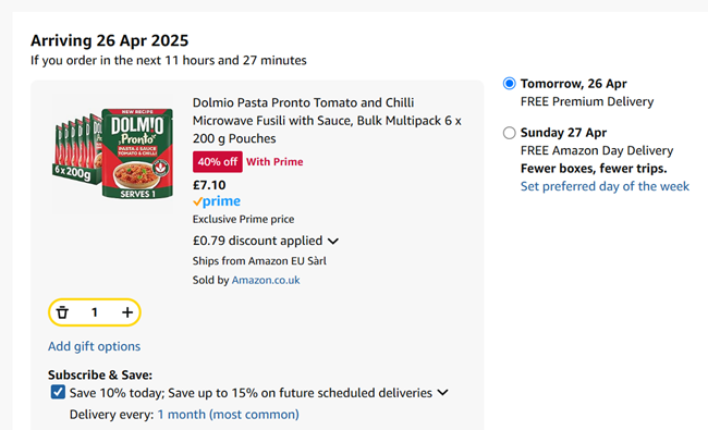 Screenshot showing Dolmio Pasta Pronto Tomato & Chilli Microwave Fusili with Sauce 6 x 200g Pouches for £7.10 at Amazon