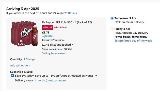 Screenshot showing Dr Pepper 500ml Pack of 12 for £8.78 at Amazon