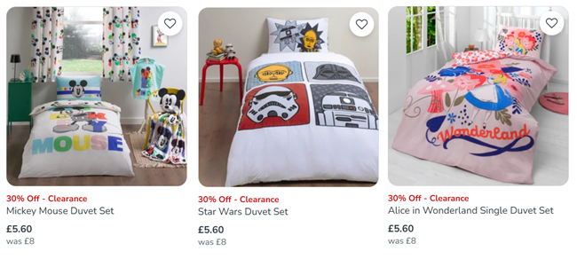 Screenshot showing Disney Duvet Sets for £5.60 each at Dunelm
