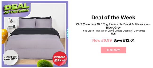Screenshot showing OHS Coverless 10.5 Tog Reversible Duvet & Pillowcase Black/Grey from £6.99 at Online Home Shop
