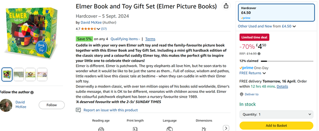 Screenshot showing Elmer Book and Toy Gift Set for £4.50 at Amazon
