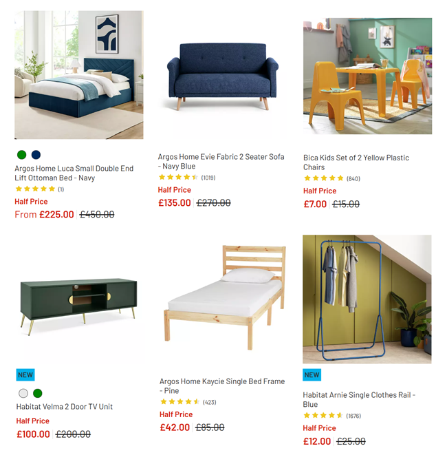 Screenshot showing reduced furniture at Argos