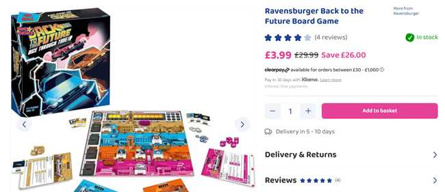 Screenshot showing Ravensburger Back To The Future Board Game for £3.99 at Bargain Max