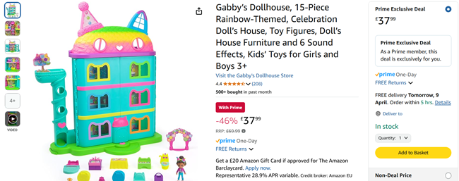 Screenshot showing Gabby's Dollhouse Rainbow Celebration Dollhouse for £37.99 at Amazon