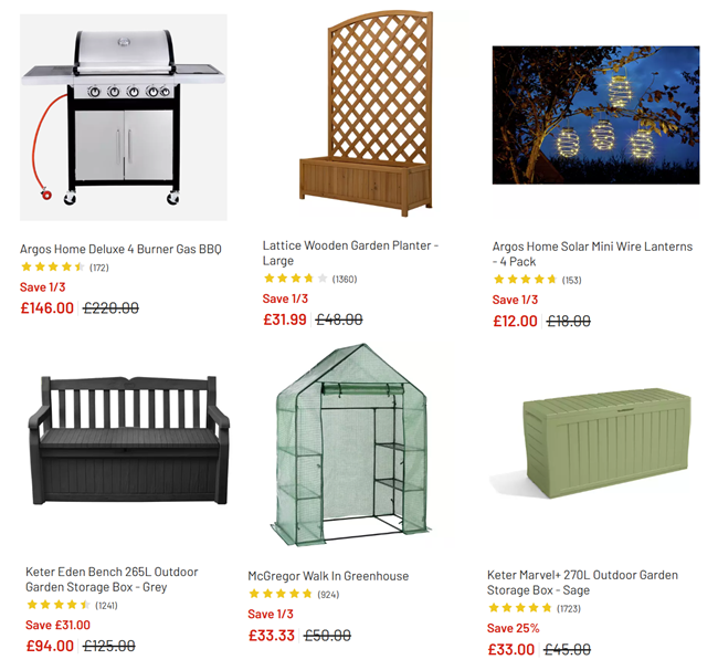 Screenshot showing reduced garden items at Argos.