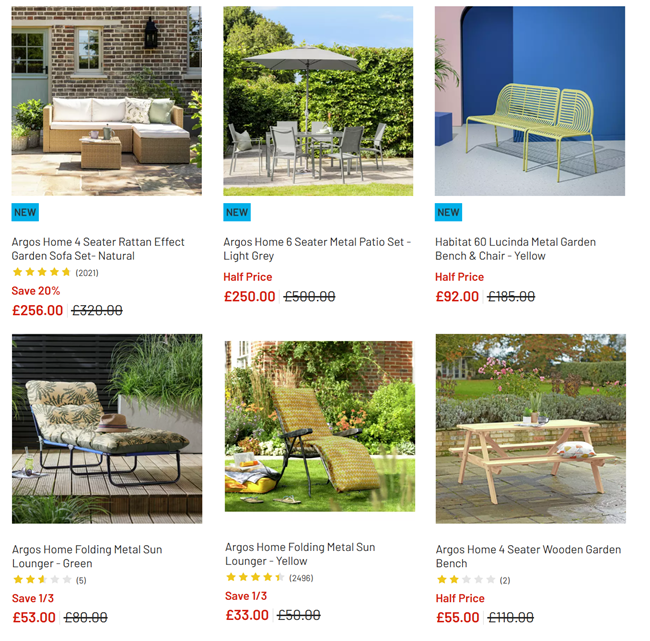 Screenshot showing reduced garden furniture at Argos