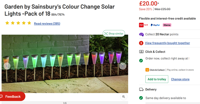 Screenshot showing Garden by Sainsbury's Colour Change Solar Lights Pack of 18 for £20 at Argos