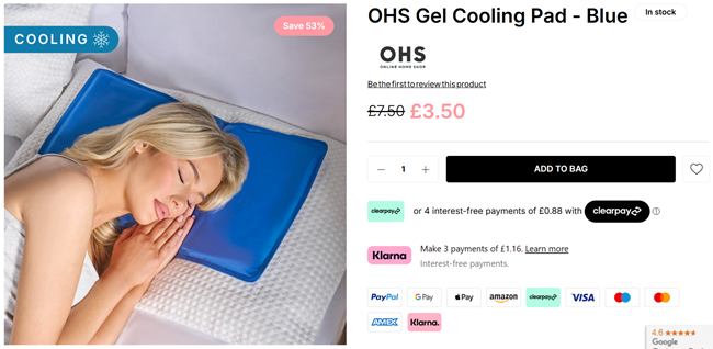 Screenshot showing OHS Gel Cooling Pad for £3.50 at Online Home Shop