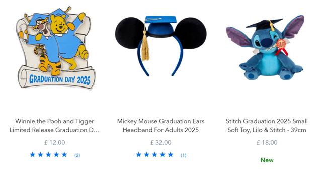 Screenshot showing Disney Graduation 2025 range at Disney Store