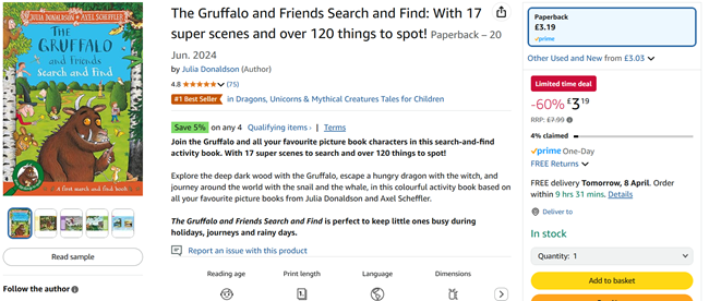 Screenshot showing The Gruffalo and Friends Search and Find Book for £3.19 at Amazon