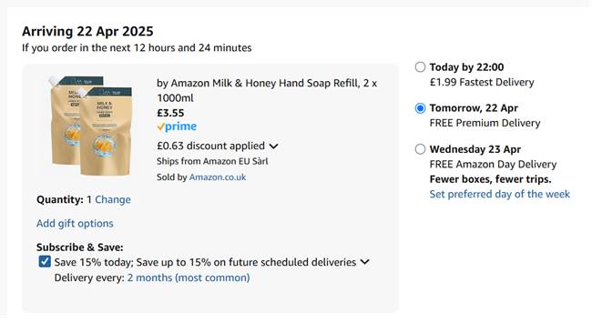 Screenshot showing by Amazon Hand Soap Refill, 2 x 1000ml for £3.55 at Amazon
