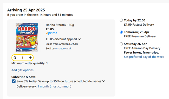 Screenshot showing Haribo Starmix 160g for 85p at Amazon