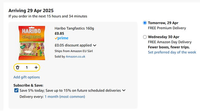 Screenshot showing Haribo Tangfastics 160g for 85p at Amazon
