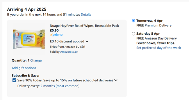 Screenshot showing Nuage Hayfever Relief Wipes for 90p at Amazon