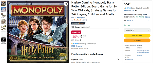 Screenshot showing Monopoly Harry Potter Edition Board Game for £24.60 at Amazon