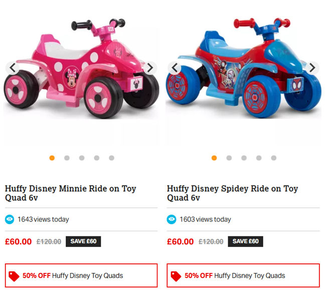 Screenshot showing Huffy Disney Minnie or Spidey Ride On Toy Quad 6V for £60 at Halfords