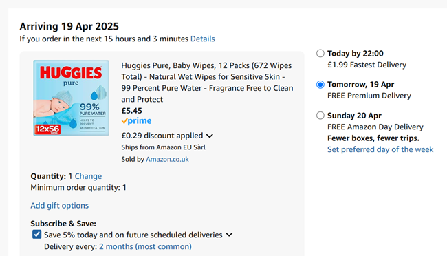 Screenshot showing Huggies Pure Baby Wipes 12 Packs for £5.45 at Amazon