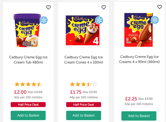 Screenshot showing reduced Cadbury Creme Egg Ice Creams at Iceland