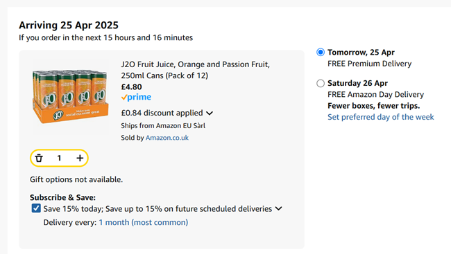 Screenshot showing J2O Fruit Juice Orange and Passion Fruit 250ml Cans Pack of 12 for £4.80 at Amazon