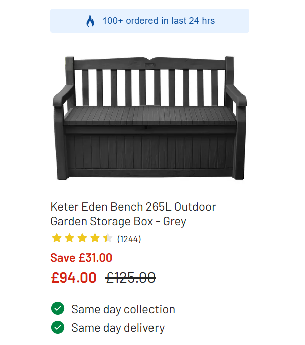 Screenshot showing Keter Eden Bench 265L Outdoor Garden Storage Box for £94 at Argos
