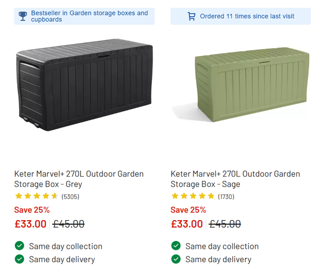 Screenshot showing Keter Marvel+ 270L Outdoor Garden Storage Box Grey or Sage for £33 at Argos