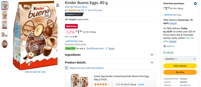 Screenshot showing Kinder Bueno Eggs 80g for £1.56 at Amazon