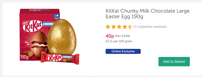 Screenshot showing KitKat Chunky Milk Chocolate Large Easter Egg 190g for 40p at Iceland