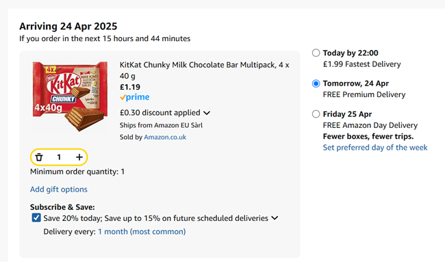 Screenshot showing KitKat Chunky Milk Chocolate Bar Multipack 4 x 40g for £1.19 at Amazon