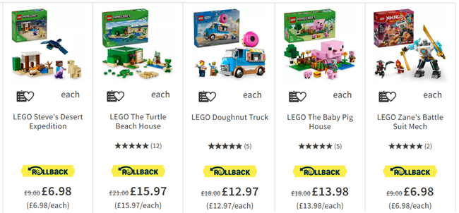 Screenshot showing LEGO Rollback deals at Asda