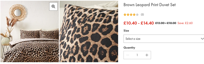 Screenshot showing Brown Leopard Print Duvet Set now from £10.40 at Matalan
