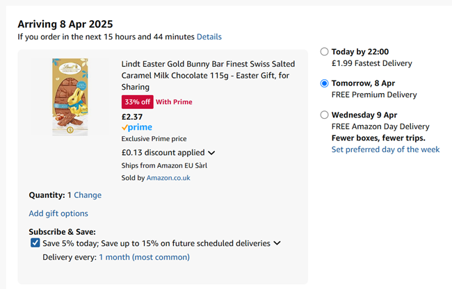 Screenshot showing Lindt Easter Gold Bunny Bar Finest Swiss Salted Caramel Milk Chocolate 115g for £2.37 at Amazon