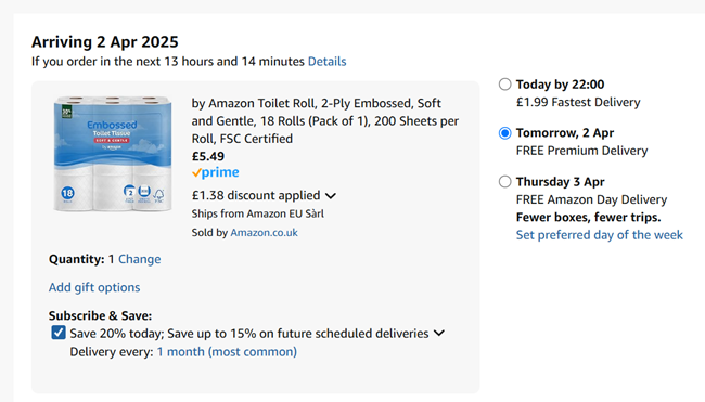 Screenshot showing by Amazon Toilet Roll, 2-Ply Embossed, 18 Rolls for £5.49 at Amazon