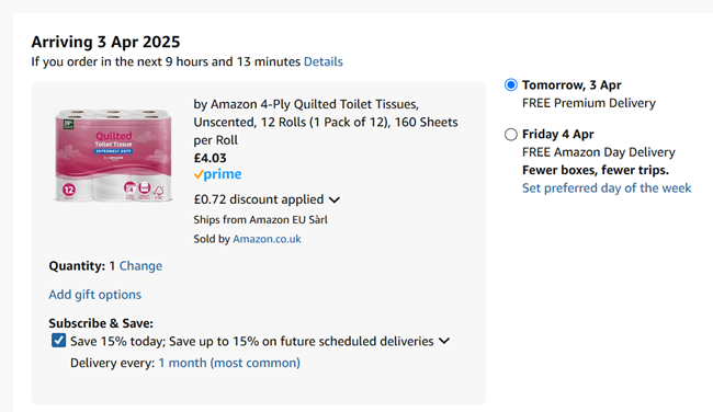 Screenshot showing by Amazon 4-Ply Quilted Toilet Tissue 12 Rolls for £4.03 at Amazon
