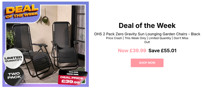 Screenshot showing Deal of the Week: OHS 2 Pack Zero Gravity Sun Lounging Garden Chairs Black for £39.99 at Online Home Shop