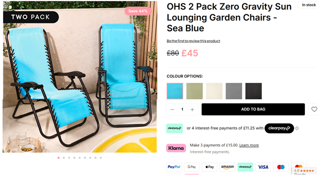 Screenshot showing 2 Pack Zero Gravity Sun Lounging Garden Chairs Sea Blue for £45 at Online Home Shop