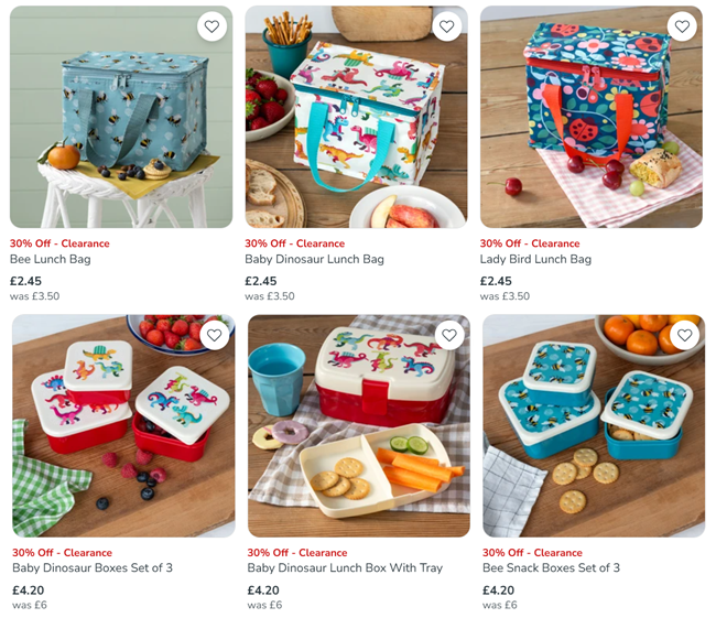 Screenshot showing reduced lunch bags and boxes at Dunelm