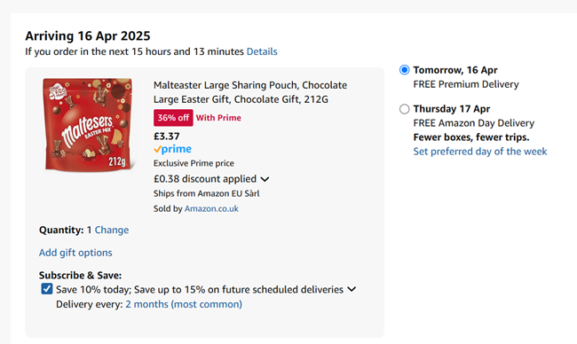 Screenshot showing Maltesers Easter Mix 212g for £3.37 at Amazon