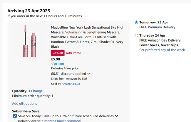 Screenshot showing Maybelline New York Lash Sensational Sky High Mascara for £5.98 at Amazon