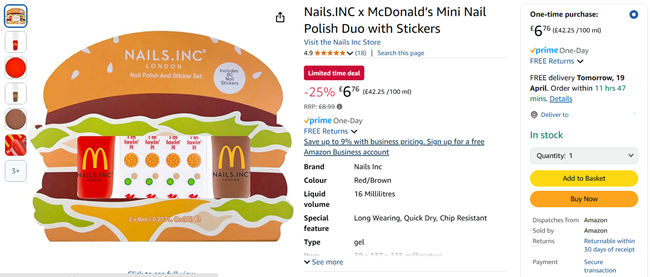 Screenshot showing Nails.INC x McDonald’s Mini Nail Polish Duo with Stickers for £6.76 at Amazon