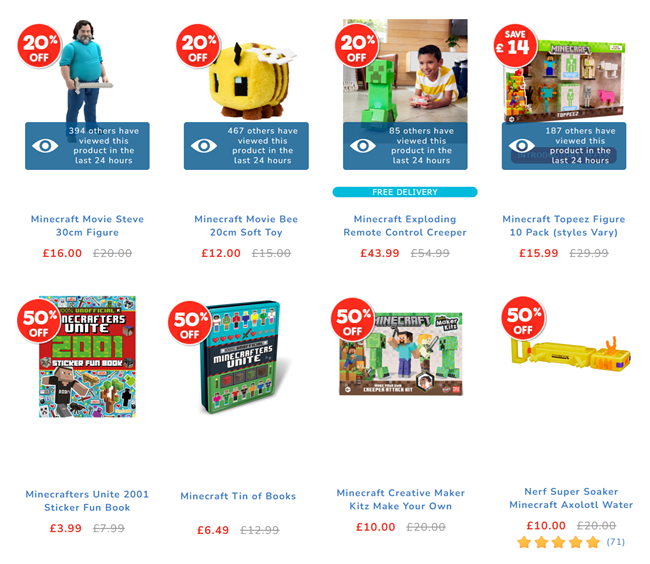 Screenshot showing reduced Minecraft toys at The Entertainer